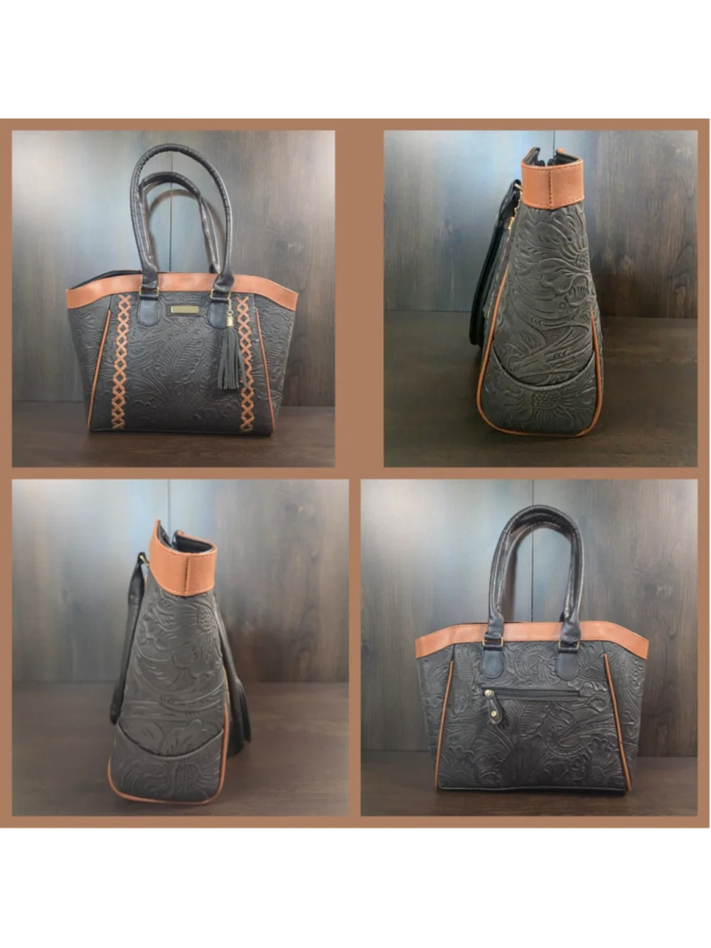 Black Brown Cross Stitch Embossed Tooled Artisan LEATHER Shoulder Bag Purse